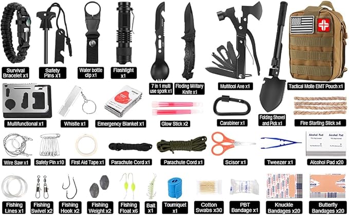 Survival Kit and First Aid Kit, 142Pcs Professional Survival Gear and Equipment with Molle Pouch, for Men Dad Husband Who Likes Camping Outdoor Adventure…-StrideForce Fitness