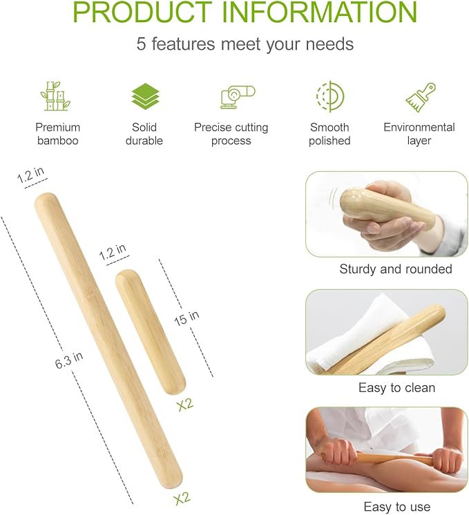 4PCS Solid Bamboo Massage Sticks & Guasha Set with Roller/Stick - 100% Bamboo Therapy Tools for Neck/Arm/Back/Legs/Full Body, Deep Tissue Massage, Muscle Relaxation, Body Shaping, Fatigue Relief-StrideForce Fitness