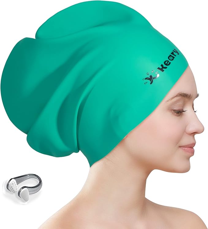 Keary Extra Large Swim Cap for Braids and Dreadlocks Extensions Weaves Long Hair, Waterproof Silicone Cover Ear Bath Pool Shower Swimming Cap for Adult Youth to Keep Hair Dry, Easy to Put On and Off-StrideForce Fitness