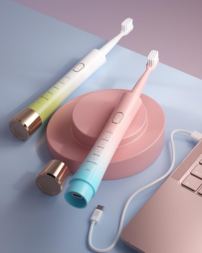 Pink & Blue Gradient Rechargeable Sonic Electric Toothbrush for Adults, 5 Modes with Smart Timer, 8 Replacement Brush Heads Soft Bristles, High Vibration, Perfect for Home, Travel, Gift
