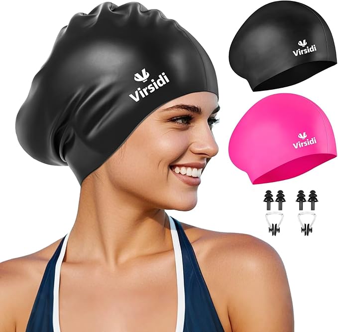 2 Pack Swim Cap for Women Men Adult, Silicone Swimming Caps for Short Long Hair, Waterproof Swim Hats Bathing Caps to Keep Hair Dry with Nose Clip and Earplugs-StrideForce Fitness