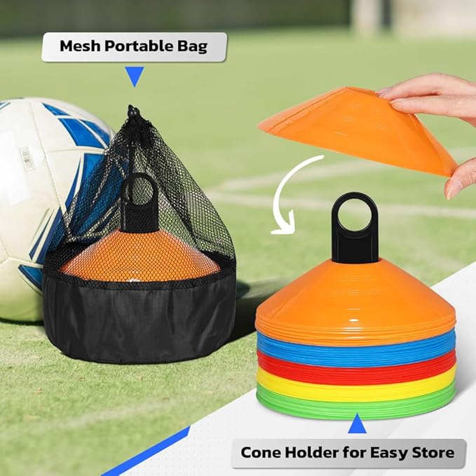 GHB Soccer Cones 25/50/100 Pack Disc Soccer Sport Cones Training Field Marker Agility Cones for Traffic, Basketball, Coaching, Practice Equipment Includes Cone Drills Guide-StrideForce Fitness