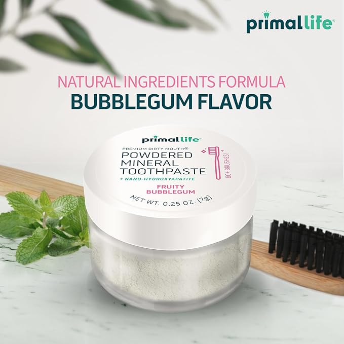Primal Life Organics - Dirty Mouth Toothpowder, Tooth Cleaning Powder, Flavored Essential Oils with Natural Kaolin & Bentonite Clay, Good for 60+ Brushings, Organic, Vegan (Sweet Bubblegum, 0.25 oz)