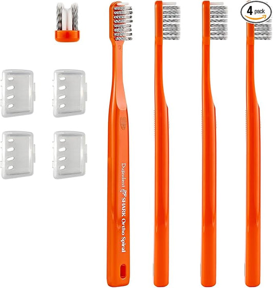Orthodontic Toothbrush for Braces [4 Packs][Made in Korea] V Trim Cutting USA Bristles Braces Toothbrush for Brackets and Wires Cleaning (Shark Ortho Spiral, 4 Pack)
