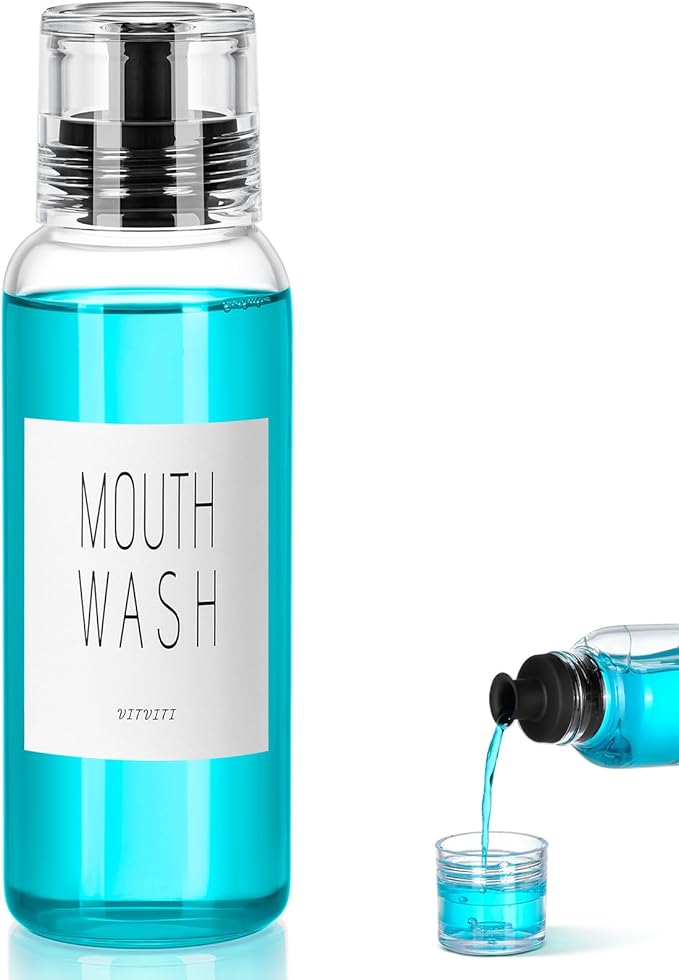 VITVITI Glass Mouthwash Dispenser for Bathroom, 10 OZ Mouth Wash Container Bottle with Lid Cup, Countertop Small Clear Refillable Mouthwash Dispensers Decanter (Black)