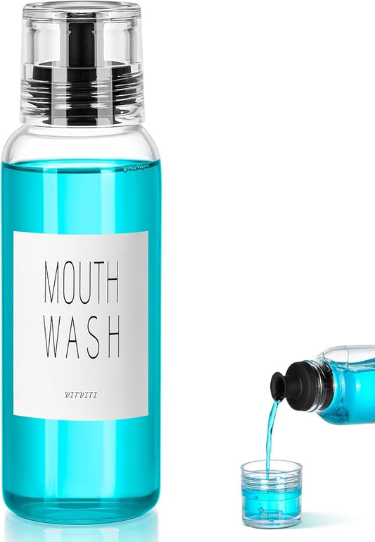 VITVITI Glass Mouthwash Dispenser for Bathroom, 10 OZ Mouth Wash Container Bottle with Lid Cup, Countertop Small Clear Refillable Mouthwash Dispensers Decanter (Black)