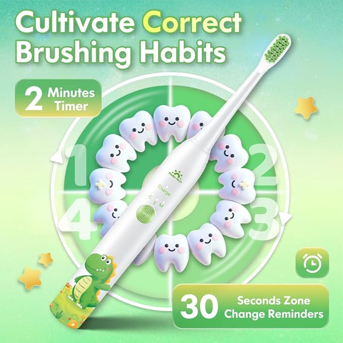 Kids Electric Toothbrush Rechargeable Age 3-5-6-12-18 Year Old, Dinosaur Toothbrush for Kids with Timer 3 Modes 4 Vibrating Heads Habit Stickers 31000VPM Boys Electric Toothbrush (Dinosaur White)