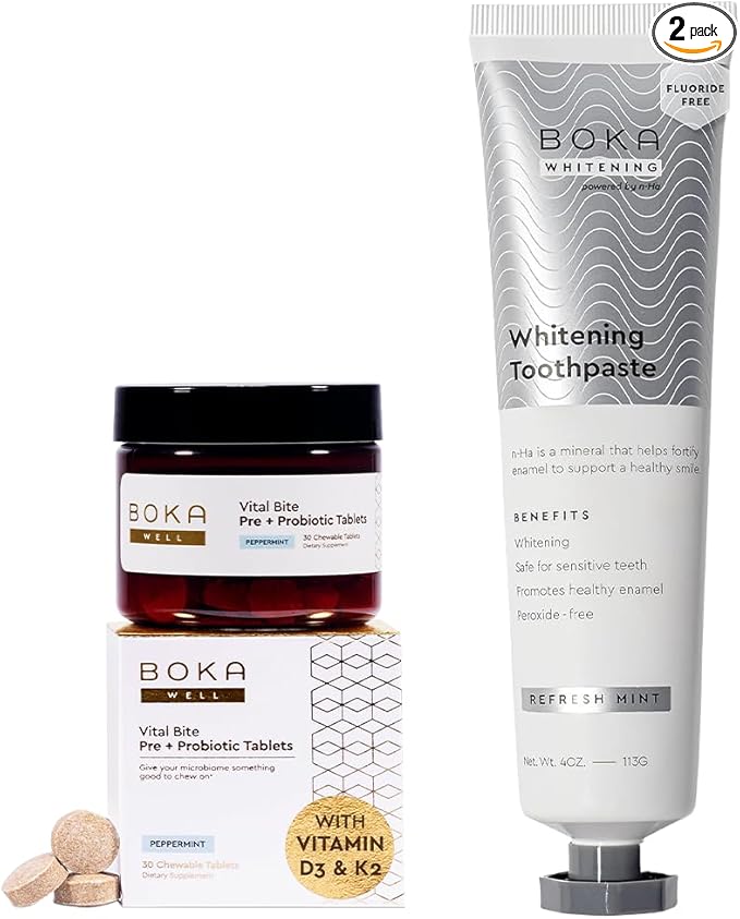 Boka Fluoride Free Toothpaste Nano Hydroxyapatite, Whitening* - 4 Fl Oz 1Pk + Boka Vital Bite Oral Probiotics for Mouth Bad Breath - 30ct Dental Probiotics Tablets