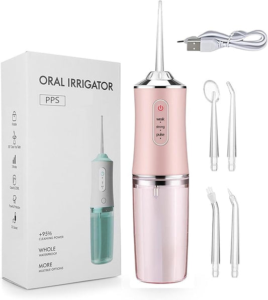 Water Dental Flosser Teeth Pick, Cordless Portable Oral Irrigator for Teeth, Dentures, and Braces 4 Modes & Jet Tips, IPX7 Waterproof (Pink)