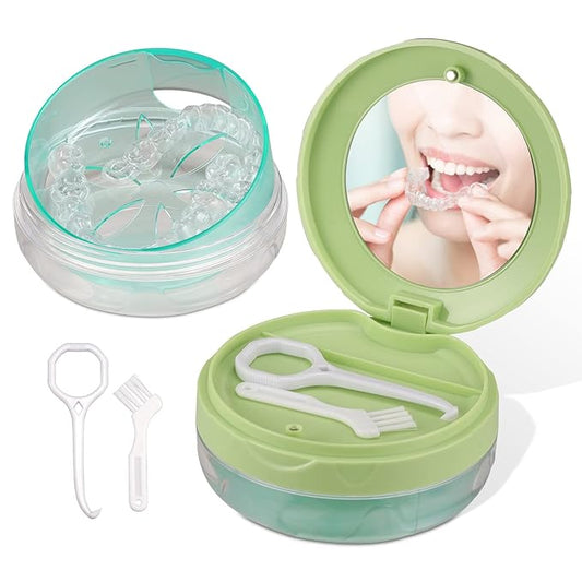 Denture Case, Leak Proof Denture Bath Case Cup Kit for Travel Cleaning, Denture Holder Box Bath Soaking Container for Women & Men with Mirror, Strainer, Removal Tool and Denture Brush(Green)