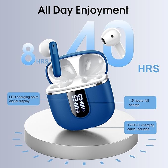 Wireless Earbuds, Bluetooth 5.4 Headphones with 3D Bass Stereo, 40H Ultralight in-Ear Buds, Bluetooth Earbuds with 4 ENC Noise Cancelling Mic, USB-C, IP7 Waterproof Earphones for Android iOS, Blue-StrideForce Fitness