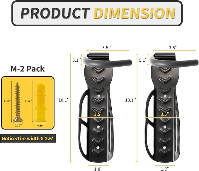 Vertical Bike Rack Wall Mount for Garage–Heavy-Duty Steel Bicycle Hook for Indoor Storage, Space-Saving Holder for Road, Mountain & Hybrid Bikes, Fits Tires Up to 2.6" Wide (2 Pack)-StrideForce Fitness