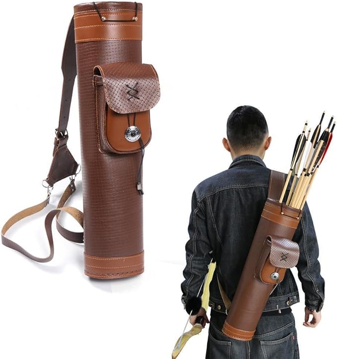 TOPARCHERY Traditional Shoulder Back Quiver Bow Leather Arrow Holder with Large Pouch Handmade Straps Belt Bag Brown-StrideForce Fitness