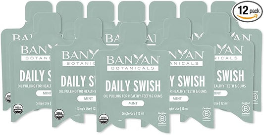 Banyan Botanicals Organic Daily Swish Mint Travel Packets - 12 ct - Ayurvedic Oil Pulling Mouthwash Oil for Oral Health - Coconut Oil Blend for Teeth and Gums
