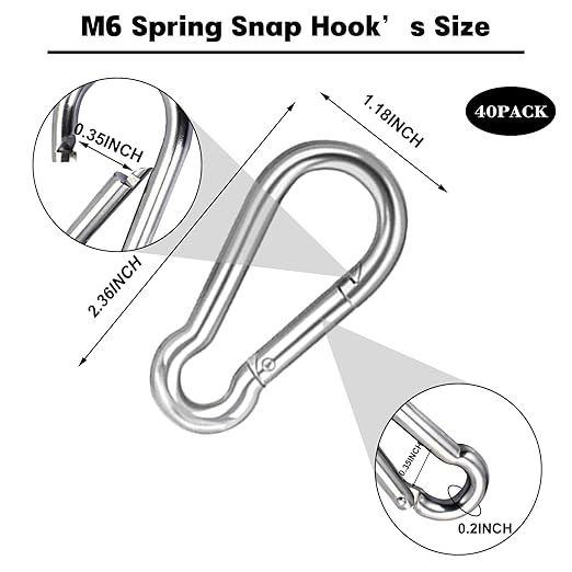 40 PCS 2.36'' Spring Snap Hook Carabiner, M6 1/4 Inch Galvanized Silver Steel Carabiner Clip, Small Carabiner Clip 260LBS Holding Capacity Quick Link Clip Keychain for Hammock Dog Leash & Camping Gym-StrideForce Fitness