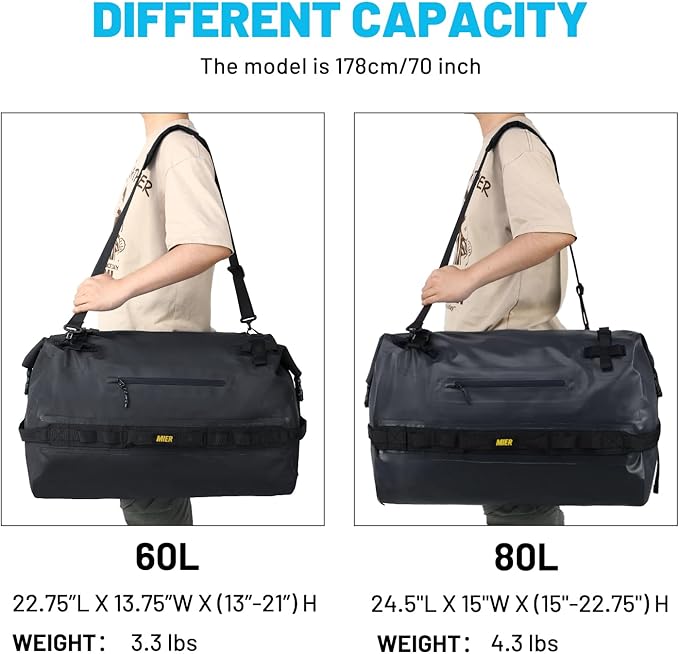 MIER Large Waterproof Duffel Bag Rolltop Dry Backpack Duffle Bags for Kayaking, Rafting, Boating, Swimming, Camping, Travel, Gym, Beach, 60L/80L-StrideForce Fitness