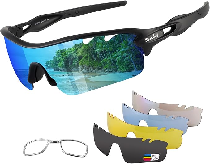 BangLong Polarized Sports Sunglasses Cycling Sun Glasses for Men Women with 5 Interchangeable Lenes for Running Baseball Golf-StrideForce Fitness