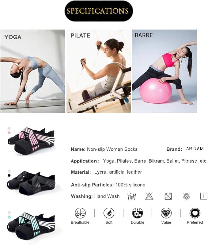 ABIRAM Yoga Socks Toeless Non-Slip Grips & Straps, for Pilates, Barre, Ballet, Bikram, Workout for Women-StrideForce Fitness