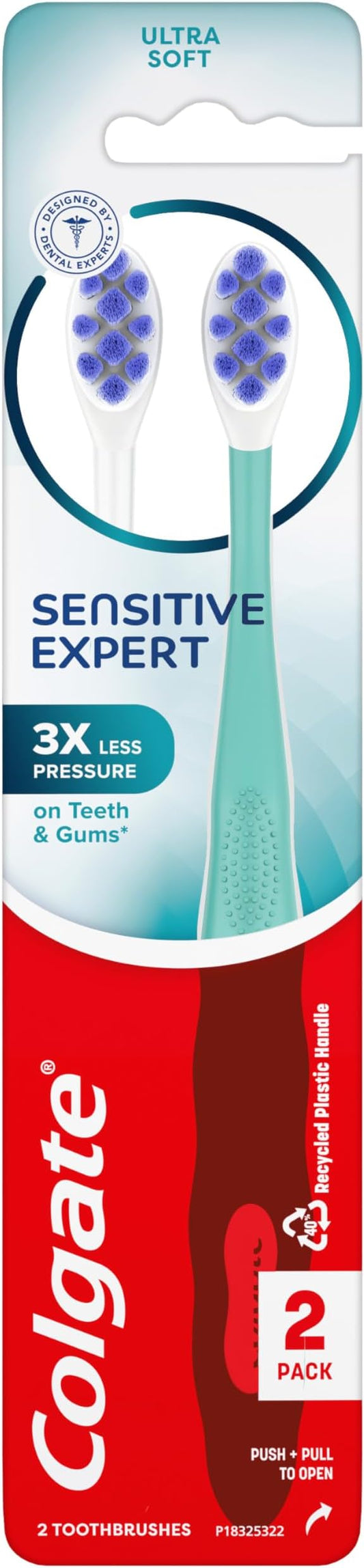 Colgate Sensitive Expert Ultra Soft Sensitive Toothbrush Pack, Extra Soft Toothbrush for Sensitive Gums and Teeth, Gently Cleans Teeth and Gums, 2 Pack