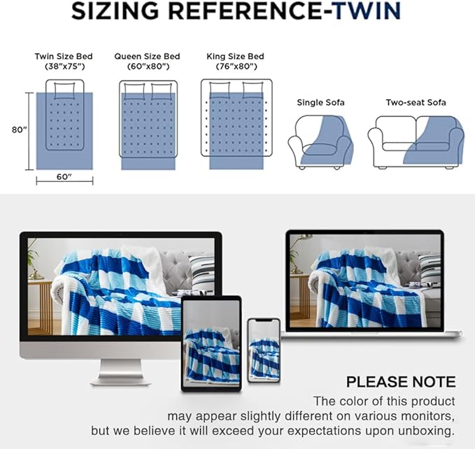PU MEI Sherpa Blanket Twin Plaid Thick Bed Blanket, 60”*80” Super Soft Flannel Fuzzy Fleece Reversible Velvet Plush Warm Blanket for Couch (Blue Check, 60"*80")-StrideForce Fitness