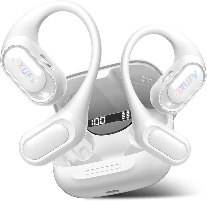 Open Ear Headphones, Bluetooth 5.4 Headphones Sports, Premium Sound with HD Mic Wireless Earbuds, 48H Playtime LED Power Display Ear Buds, IPX7 Lightweight Comfort Earphones for Running, White-StrideForce Fitness