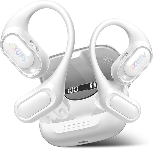 Open Ear Headphones, Bluetooth 5.4 Headphones Sports, Premium Sound with HD Mic Wireless Earbuds, 48H Playtime LED Power Display Ear Buds, IPX7 Lightweight Comfort Earphones for Running, White-StrideForce Fitness
