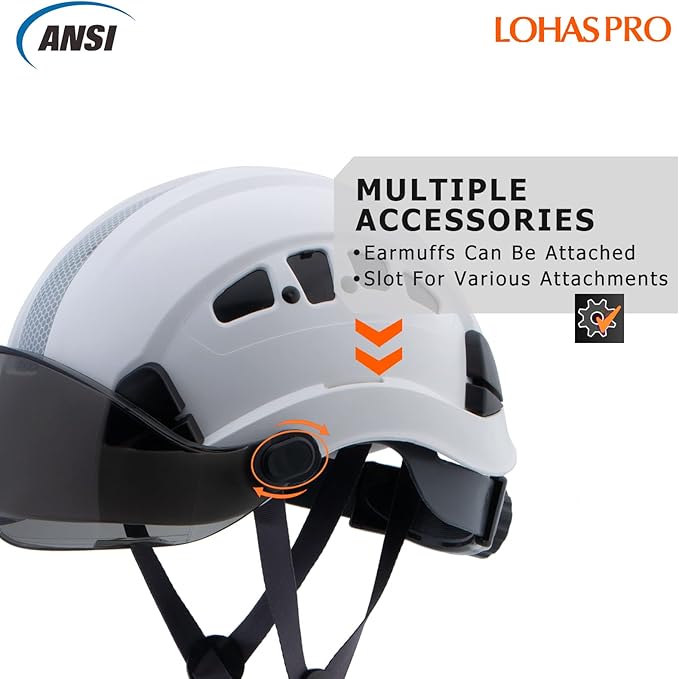 LOHASPRO Hard Hats Construction Safety Helmet with Visor ANSI Z89.1 Approved OSHA Hardhat, Vented Men White Hard Hat with Chin Strap Tree Climbing Arborist Helmet (P1 White+Smoked Visor)-StrideForce Fitness