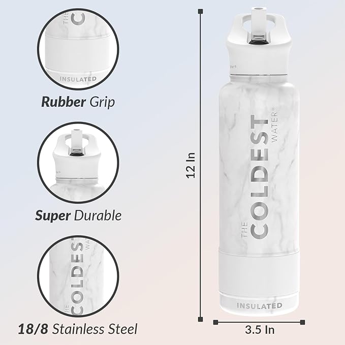 Coldest Insulated Water Bottle with Straw Lid - Stainless Steel Metal Insulated Bottle for Men & Women (Carrara Marble, 40 oz)-StrideForce Fitness