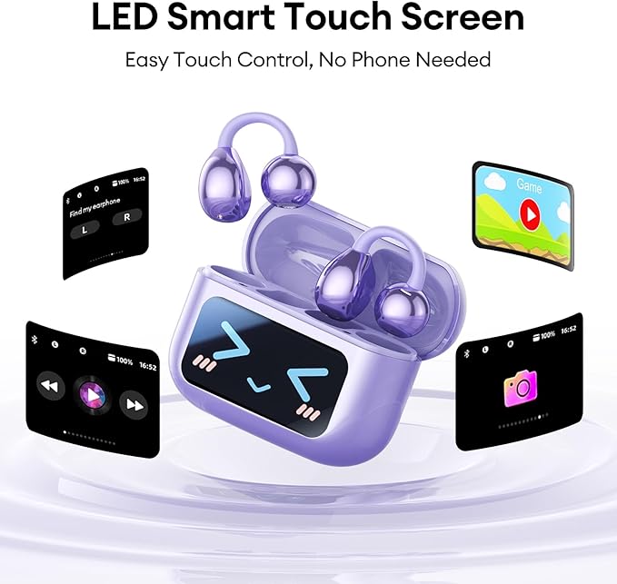 Stylish Open Ear Clip On Earbuds with Removable Butterfly Earring, Clip On Headphones with LCD Touch Screen, Fashionables Open Ear Headphones for Women, Butterfly Earring Purple Earbuds-StrideForce Fitness