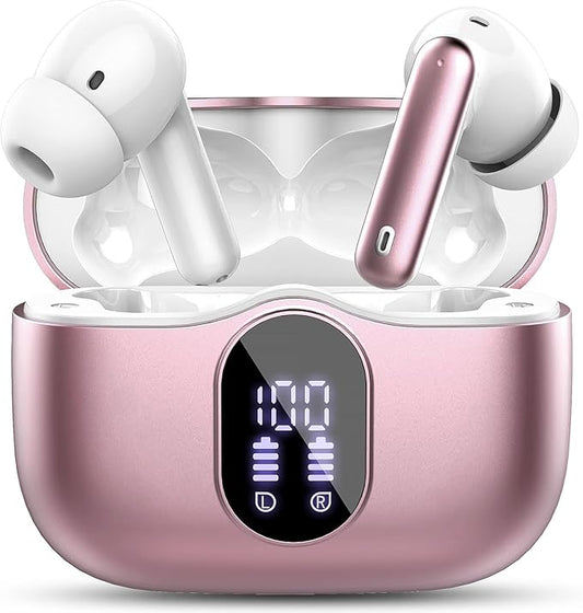 Wireless Earbuds, Bluetooth 5.4 Headphones Bass Stereo, Ear Buds with Noise Cancelling Mic, IP7 Waterproof in Ear Earphones, 36H LED Display Bluetooth Earbuds for Laptop Pad Phones Sports, Rose Gold-StrideForce Fitness