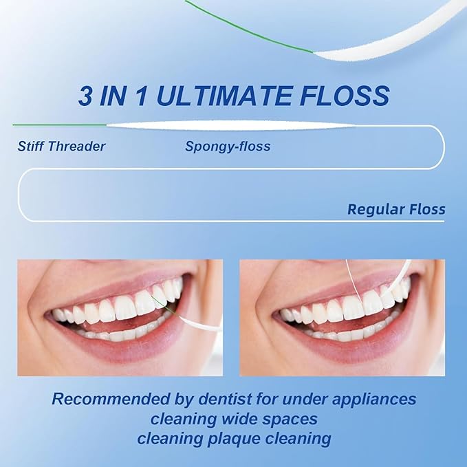 RAZOKO 3-in-1 Floss for Braces, 120 Pre-Cut Strands | Floss Threaders, Spongy & Regular Floss for Bridges & Wide Gaps