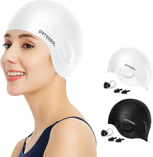 Swimming Cap, Silicone Swim Cap for Women Men, Durable Non-Slip Waterproof Swim Cap Protect Ears, Long Hair for Adults, Older Kids-StrideForce Fitness