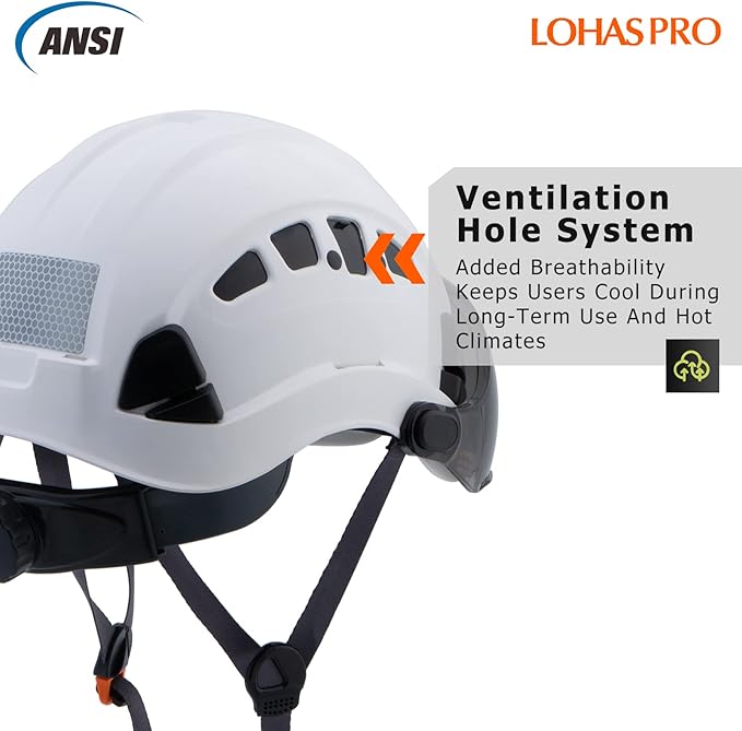 LOHASPRO Hard Hats Construction Safety Helmet with Visor ANSI Z89.1 Approved OSHA Hardhat, Vented Men White Hard Hat with Chin Strap Tree Climbing Arborist Helmet (P1 White+Smoked Visor)-StrideForce Fitness