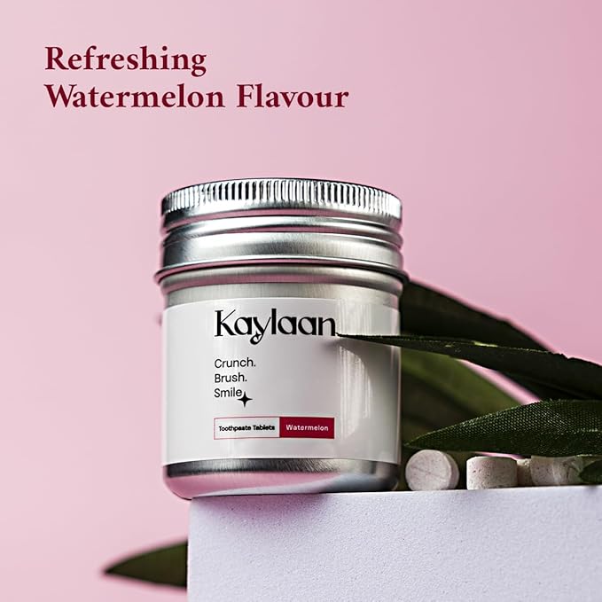 Kalyaan Kids Toothpaste Tablets with Fluoride | Whitening, Sensitivity Relief & Cavity Protection | Chewable, Plastic-Free, Travel-Friendly - Watermelon, 90 Count, Made in USA