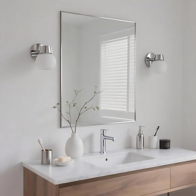 24x30 Inch Nickel Bathroom Mirror for Wall, Aluminum Frame Rectangle Rectangular Vanity Mirror, Modern Large for Bedroom, Living Room, Horizontal or Vertical-StrideForce Fitness