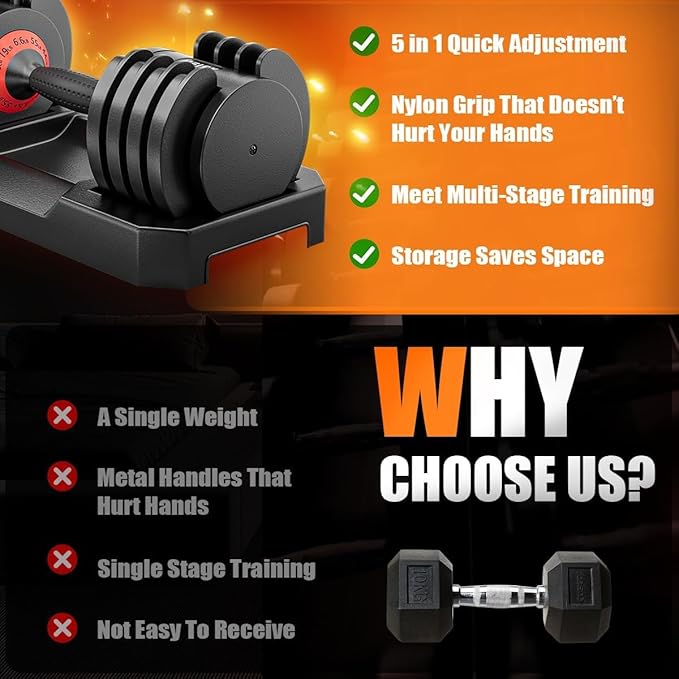 VEICK 25/55 lbs Adjustable Dumbbell with Anti-Slip Turning Handle, Fast Adjust Weight for Men Women, Exercise Equipment with Tray for Home Gym Full Body Workout Fitness-StrideForce Fitness