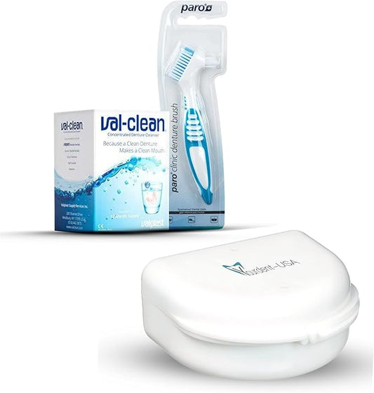 Yourdent-USA Paro Clinic Denture Brush, Val Clean Denture Cleaner 12 Packet for 1 Year and Dental Retainer Case, Denture Night Guard, Perfect Combo
