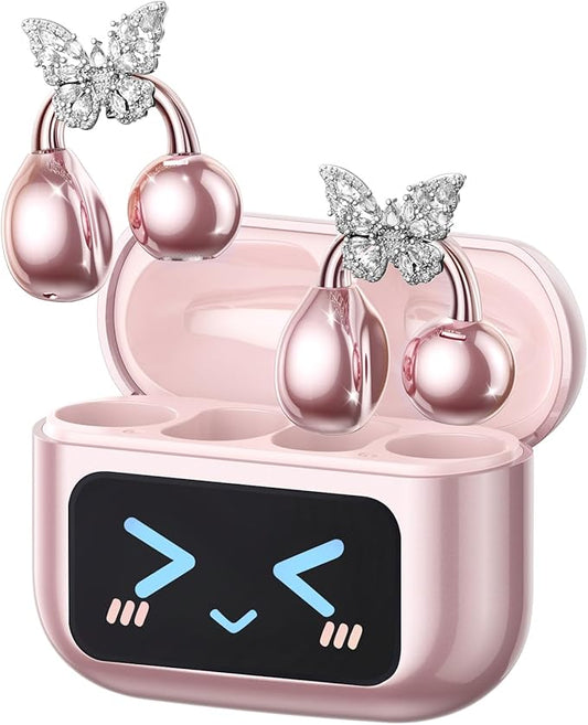PAXA Stylish Open Ear Clip On Earbuds with Removable Butterfly Earring, Clip On Headphones with LCD Touch Screen, Fashionables Open Ear Headphones for Women, Butterfly Earring Rose Gold Earbuds-StrideForce Fitness