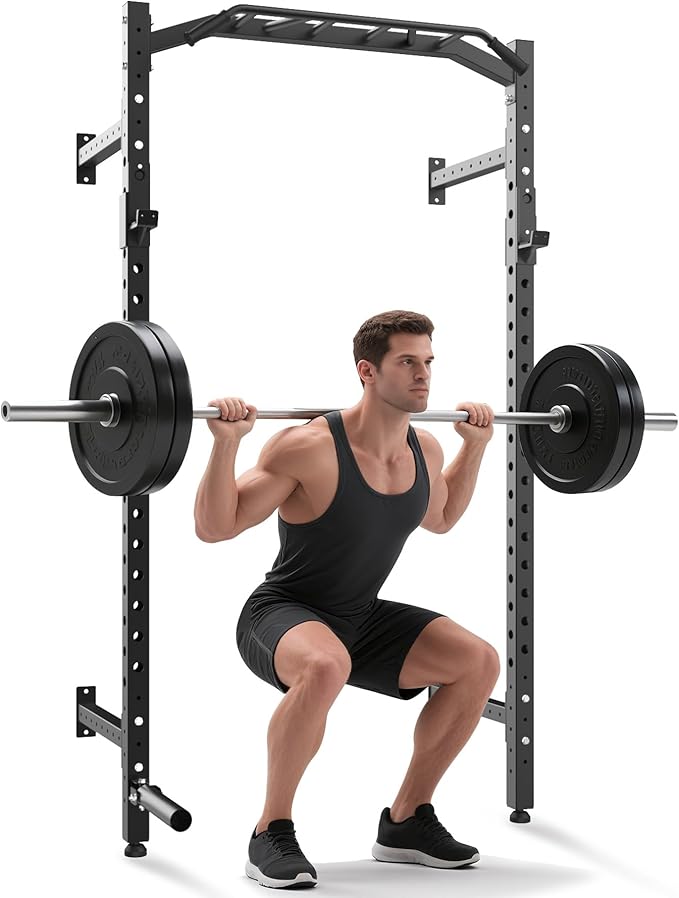 1600LB Wall Mounted Power Rack, Commercial Squat Rack for Home Gym with Multi-Grip Pull Up Bar, j-Cups & Landmine Attachment for Home and Garage Gym-StrideForce Fitness