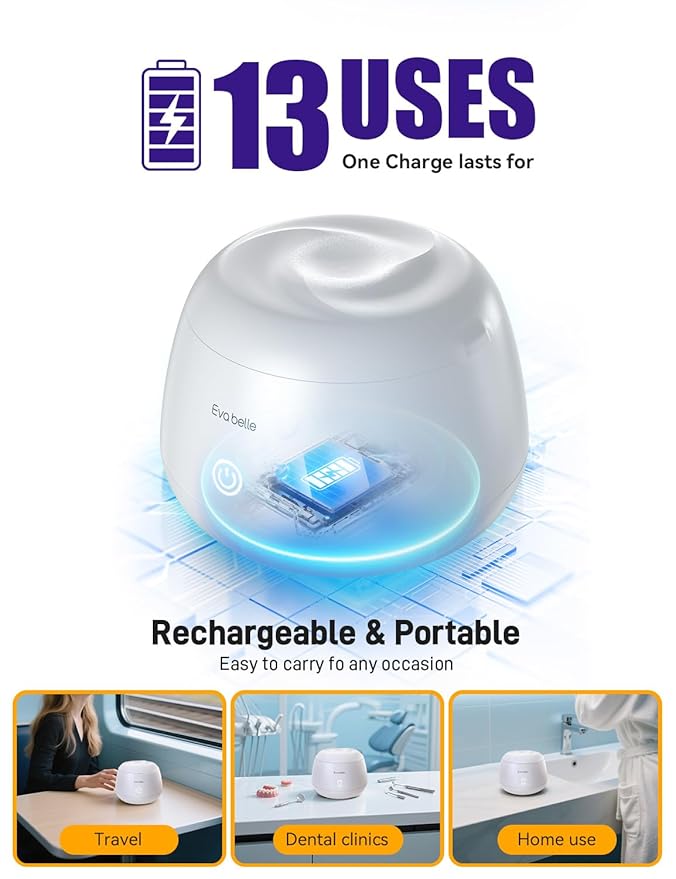 Ultrasonic Retainer Cleaner, EVA BELLE Rechargeable Denture Cleaner Machine, Tooth Cleaner MouthGuard Cleaner, Portable Retainer Cleaner for Night Guards, Braces, Aligner, Toothbrush, Jewelry and More