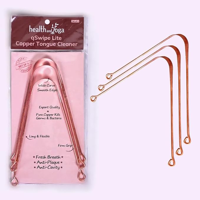HealthAndYoga™ qSwipe Lite Copper Tongue Cleaners (Pack of 3) – Prevents Bad breath, Improves taste- Flexible, Curved ends provide good grip – Complete Oral Care/Hygiene for Travel/Office/Home
