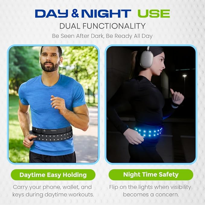 Colorway Led Running Belt – Day & Night Adjustable Waist Pack, Removable Light Strip, 3 Pouches for All Essentials, Reflective Running Gear for Men & Women (Rechargeable, Machine Washable)-StrideForce Fitness
