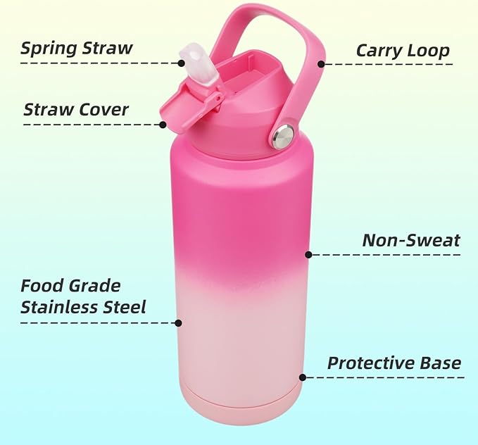 Insulated Water Bottle with Straw Lid,32 oz Stainless Steel Vacuum Metal Bottle with Silicone Handle,Cherry Blossom-StrideForce Fitness