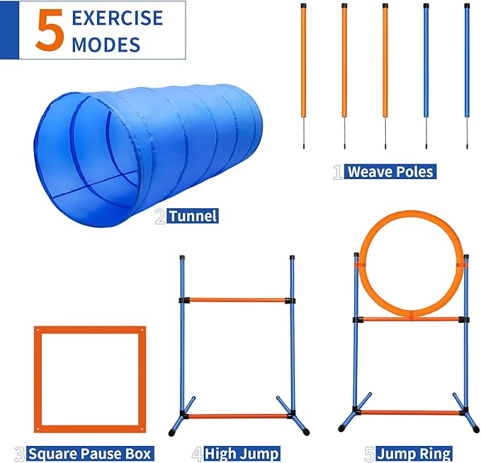Dog Agility Training Equipment, 60-Piece Dog Obstacle Course Training Starter Kit Pet Outdoor Game with Tunnel, Agility Hurdle, Weave Poles, Jump Ring, Pause Box, Toy Balls and Storage Bag-StrideForce Fitness
