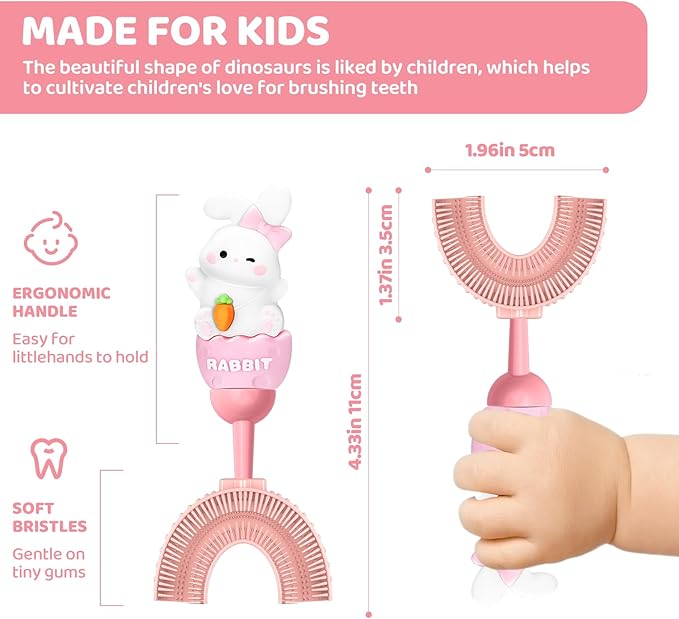 U-Shaped Toothbrush for Kids Ages 2-7，Soft Food-Grade Silicone for Sensitive Gums，360° Teeth Cleaning Design，Training & Travel-Friendly Toddler's Toothbrush (Pink)