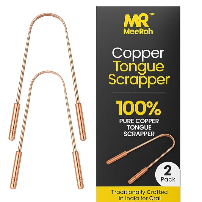 MeeRoh 100% Pure Copper Tongue Scraper Cleaner – 2 Pack – Natural Breath Freshener, Durable & Eco-Friendly Copper Tongue Cleaner