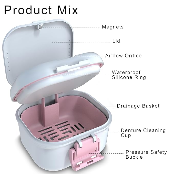 BVN Leakproof Denture Cup, Upgraded Carrying Storage, Denture Bath Box with Filter, Denture Cup for Soaking Dentures, Travel Retainer Cleaning Case (White+Pink).