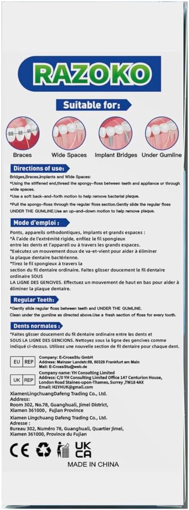 RAZOKO 3-in-1 Floss for Braces, 120 Pre-Cut Strands | Floss Threaders, Spongy & Regular Floss for Bridges & Wide Gaps