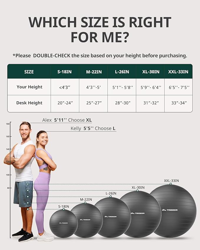 Trideer Extra Thick Yoga Ball Exercise Ball, 5 Sizes Gym Ball, Heavy Duty Ball Chair for Balance, Stability, Pregnancy, Quick Pump Included-StrideForce Fitness