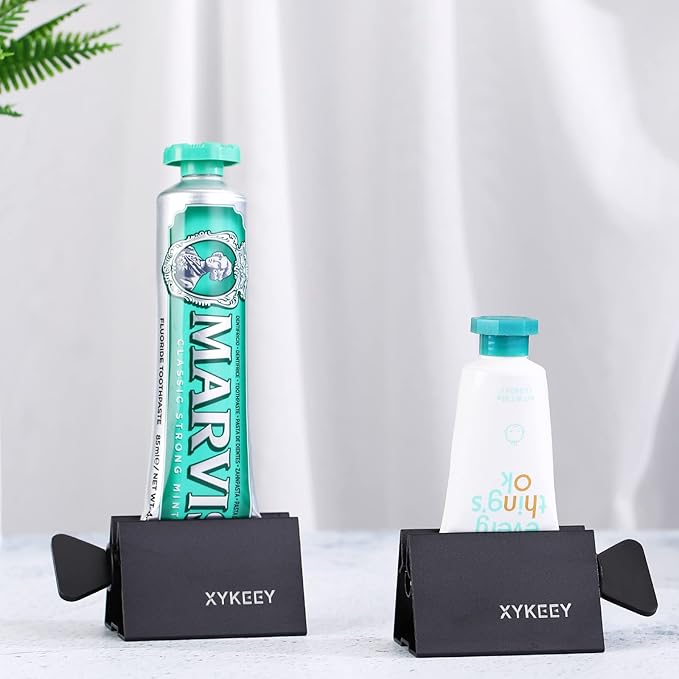 XYKEEY Toothpaste Tube Squeezer - Set of 2 Toothpaste Squeezer Rollers, Metal Toothpaste Tube Wringer Seat Holder Stand (Black)